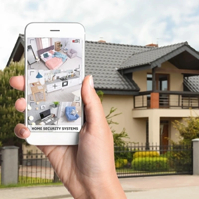Corpus Christi vivint phone display of cctv live feed in front of a house